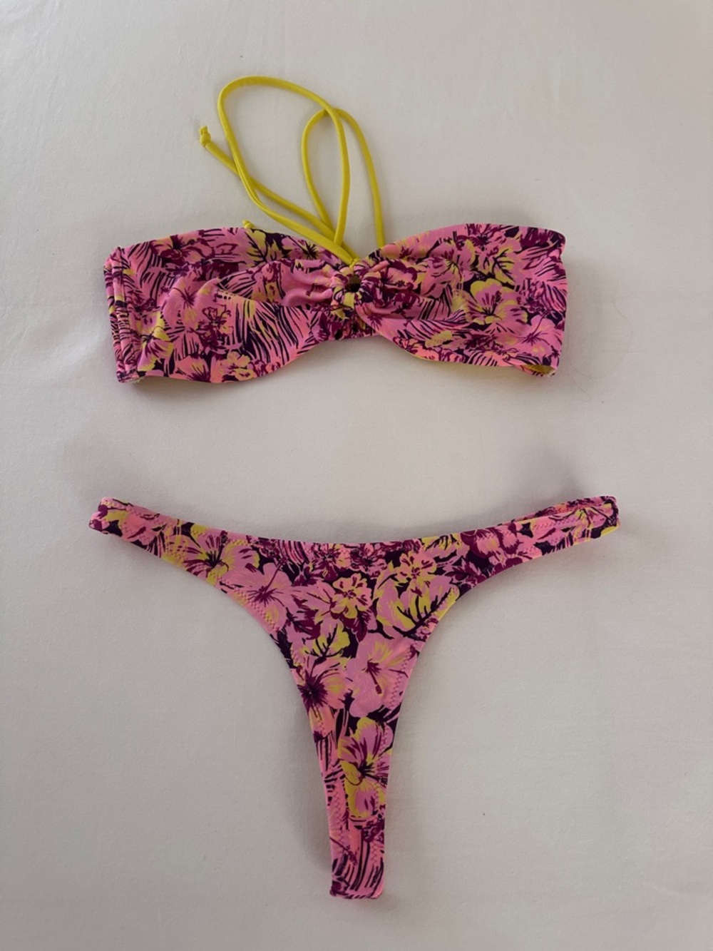 White Fox Boutique Pink Floral Bikini with Yellow Accents